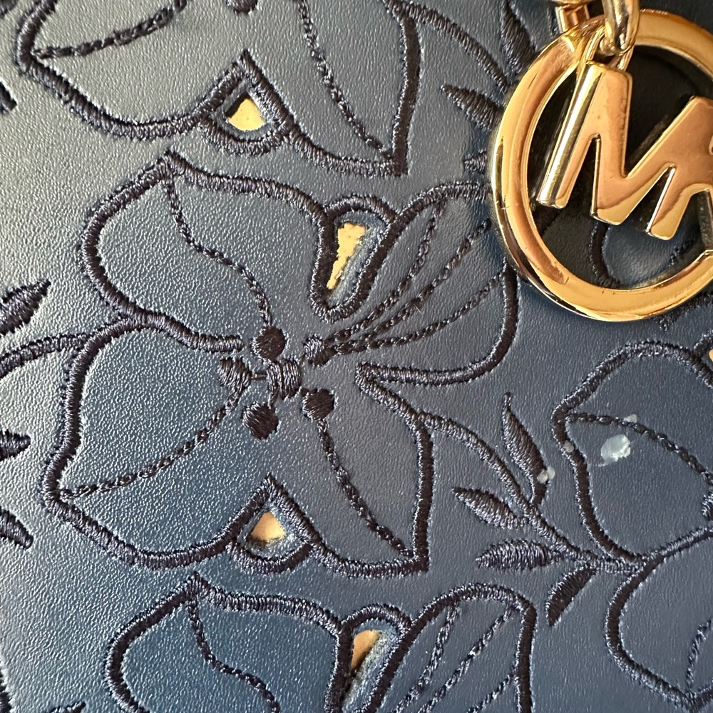 Michael Kors Sophia North South Navy Floral Crossbody Satchel with Gold Accents - Picture 9 of 11